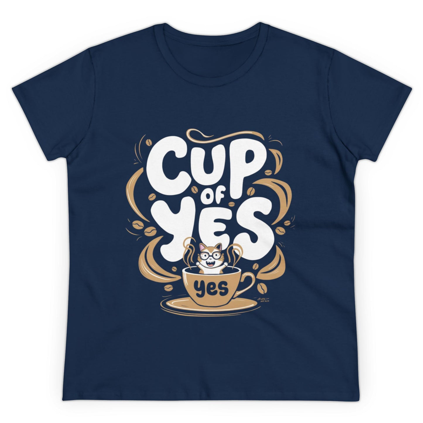 Women Tees Cup of Yes Coffee Lover Shirts Tops Short Sleeve Regular Fit Cotton Funny Cat T-Shirt