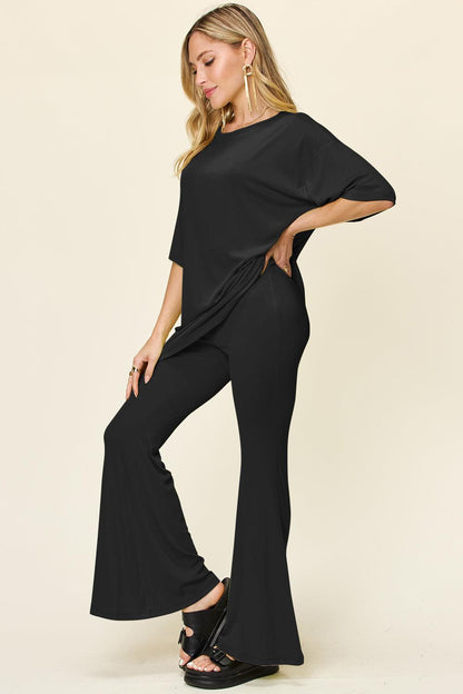 Round Neck Drop Shoulder T-Shirt and Flare Pants Set