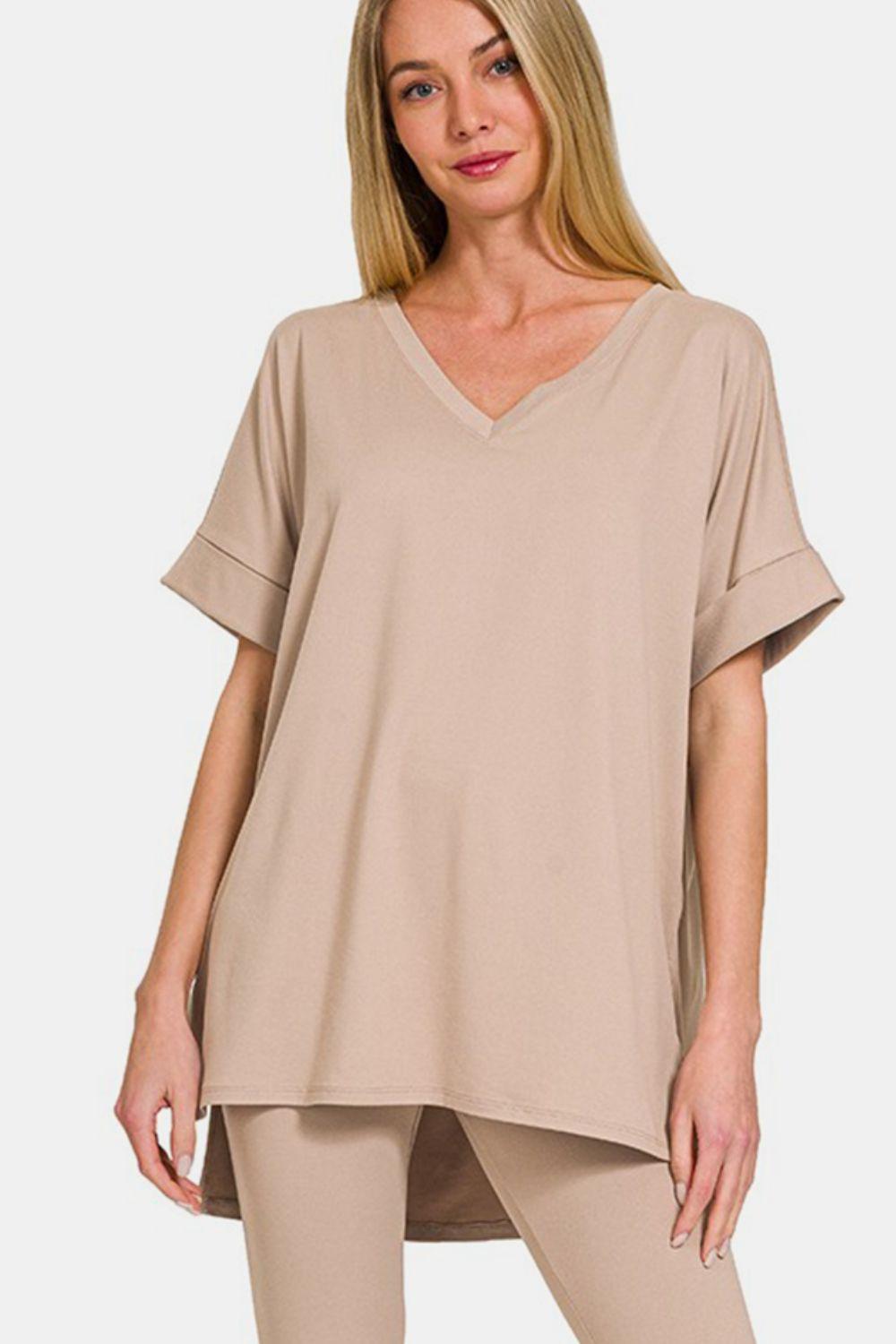 V-neck rolled short sleeve t-shirt and leggings lounge set In Lt Mocha