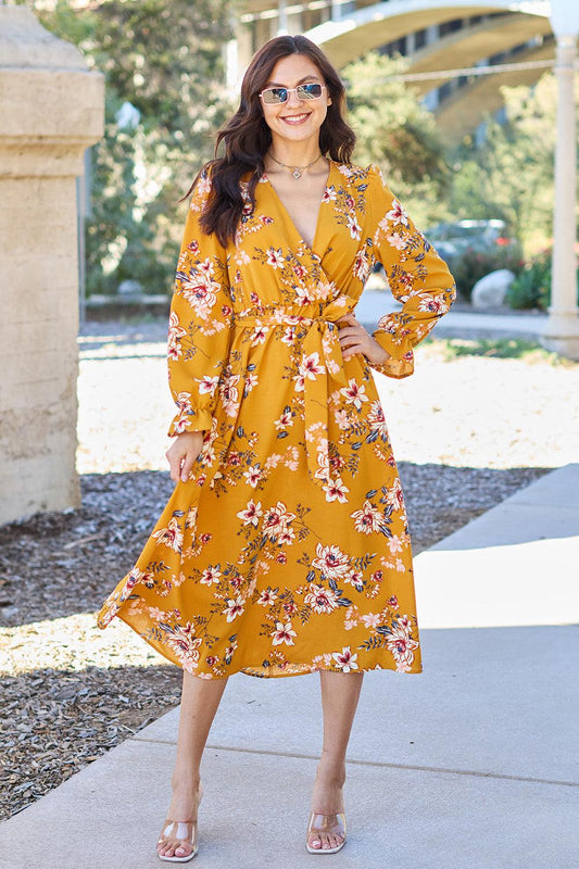 Floral Tie Back Flounce Sleeve Dress