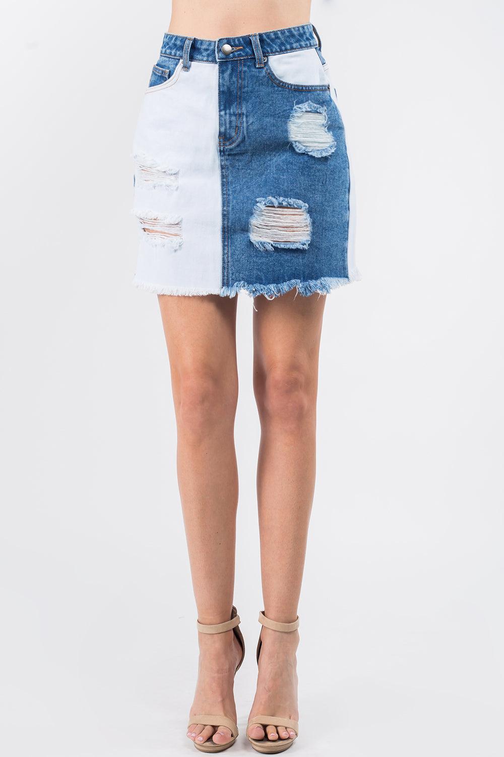 Contrast Patched Frayed Denim Distressed Skirt.