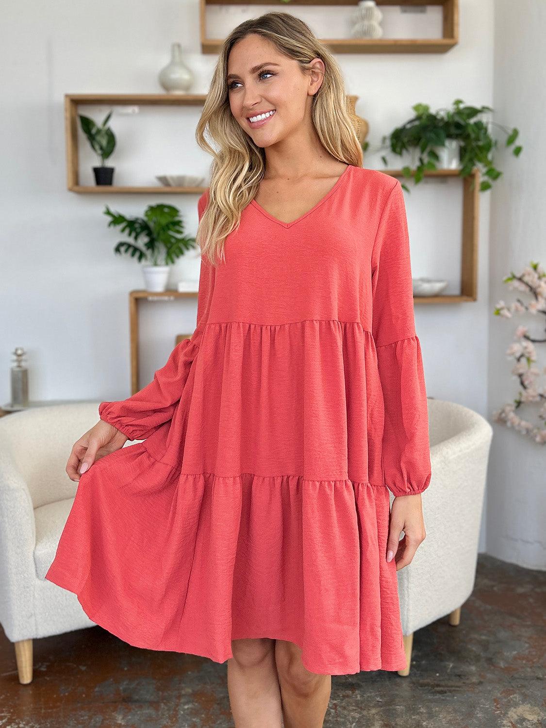 V-neck Dress with fluffy Balloon Sleeves with Pockets