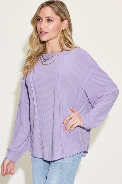 Ribbed Round Neck Long Sleeve T-Shirt