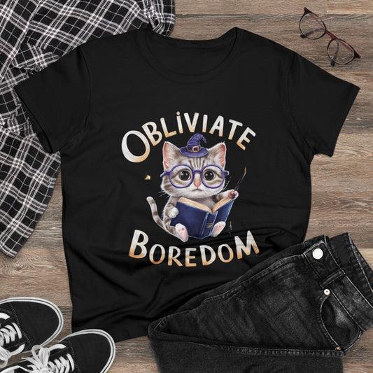 Womens Tees Obliviate Boredom Book Lovers Shirts Tops Short Sleeve Regular Fit Cottagecore Funny Cat T-Shirt