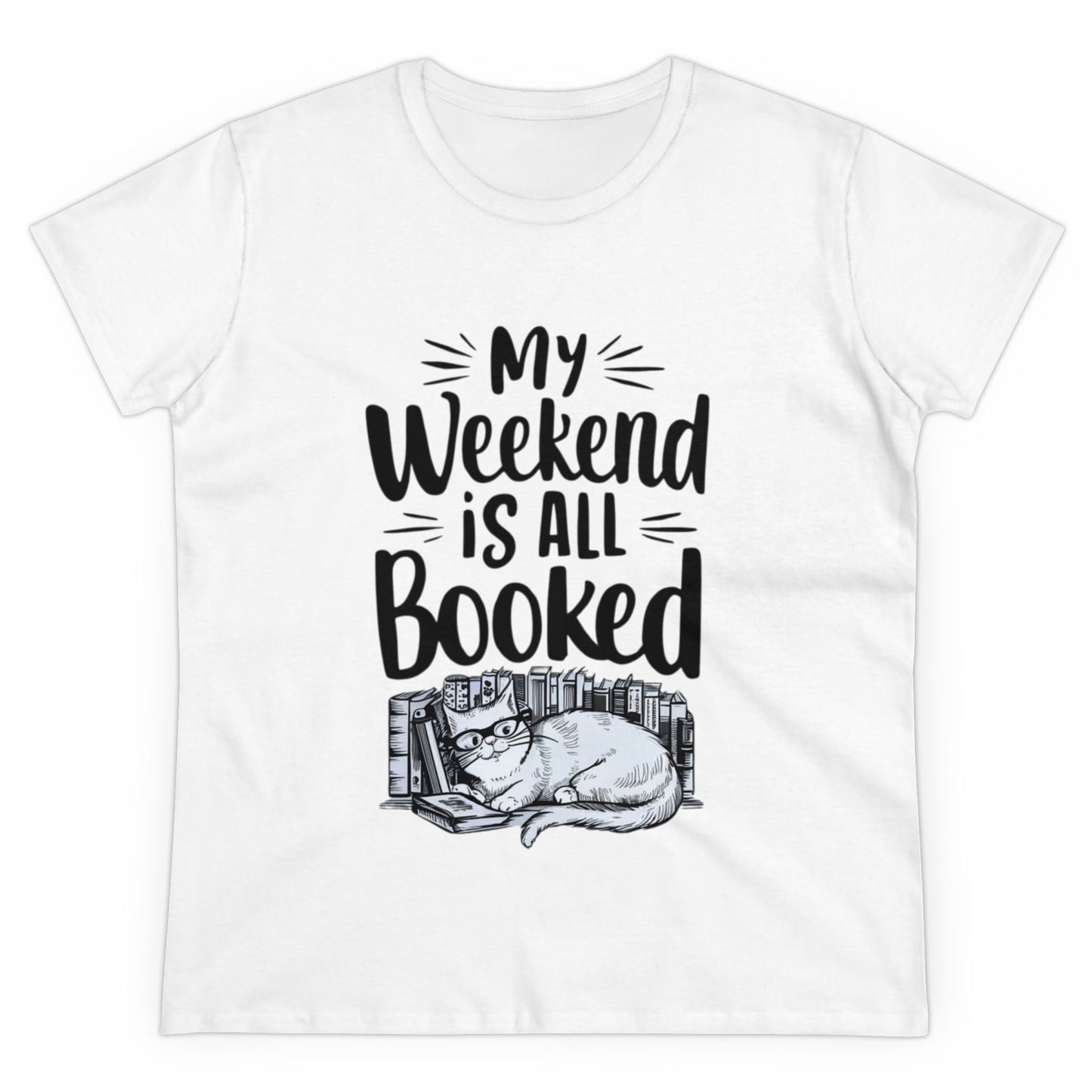 Womens Tee My Weekend Is All Booked  Book Lover Shirts Tops Short Sleeve Regular Fit Cotton Funny Cat T-Shirt