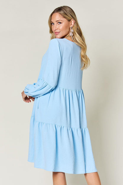 V-neck Dress with fluffy Balloon Sleeves with Pockets