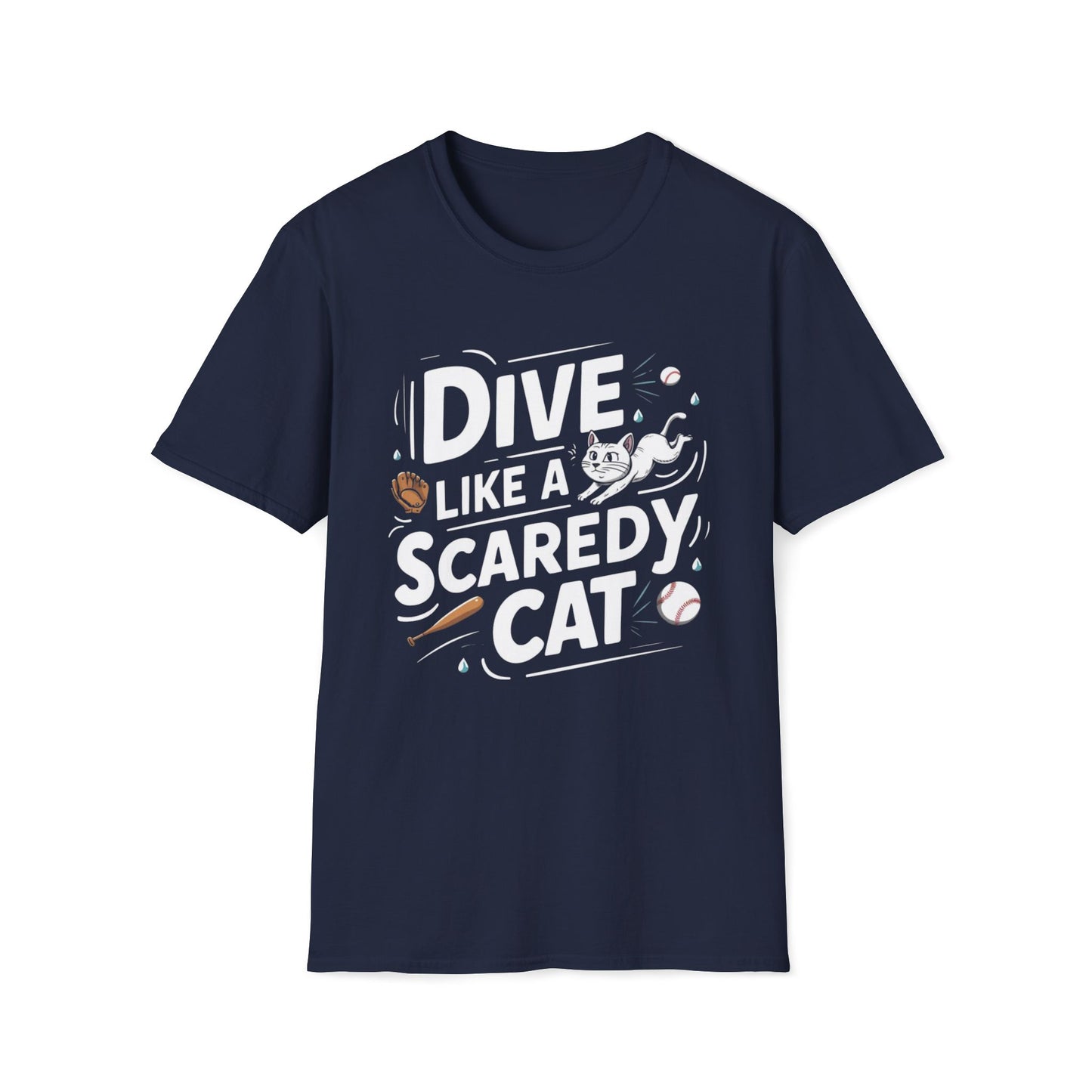 Men's T-Shirt Dive Like Scaredy Cat Baseball Players Short Sleeves Casual Regular Fit Cotton Funny Cat Baseball Tee