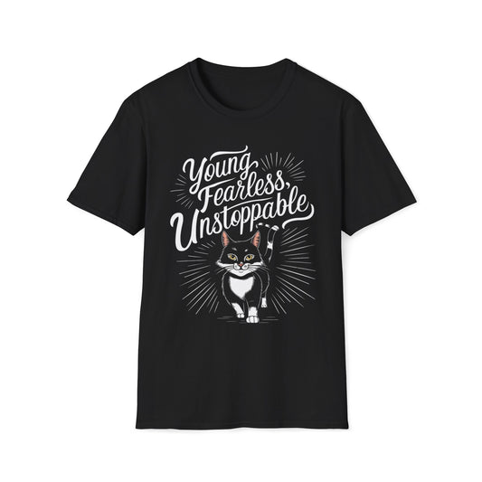 Men's Tee Young Fearless Unstoppable Youth Short Sleeves Casual Regular Fit Cotton  Crew Neck Funny Cat  T-Shirt