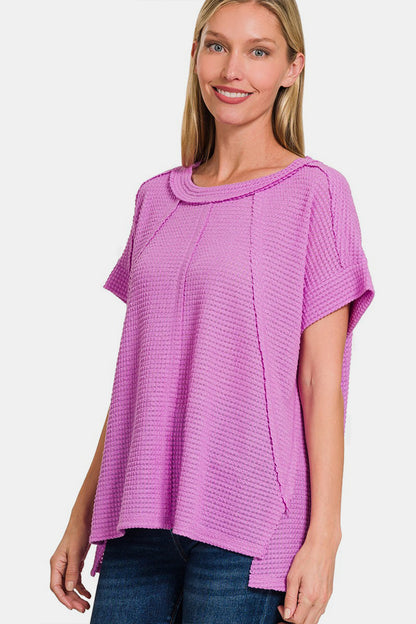 Waffle Exposed-Seam Short Sleeve T-Shirt In Lavender