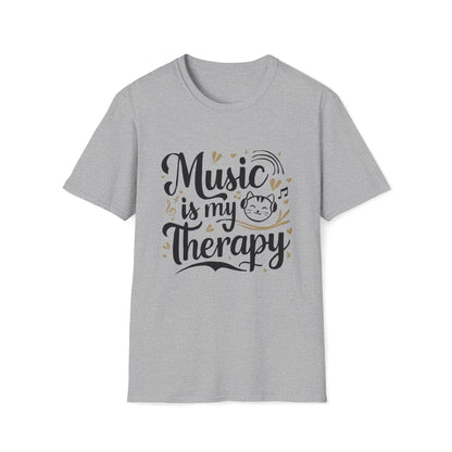 Men Tees Music Is My Therapy Cat Rock Music Short Sleeves Casual Regular Fit Cotton Funny Cat T-Shirt