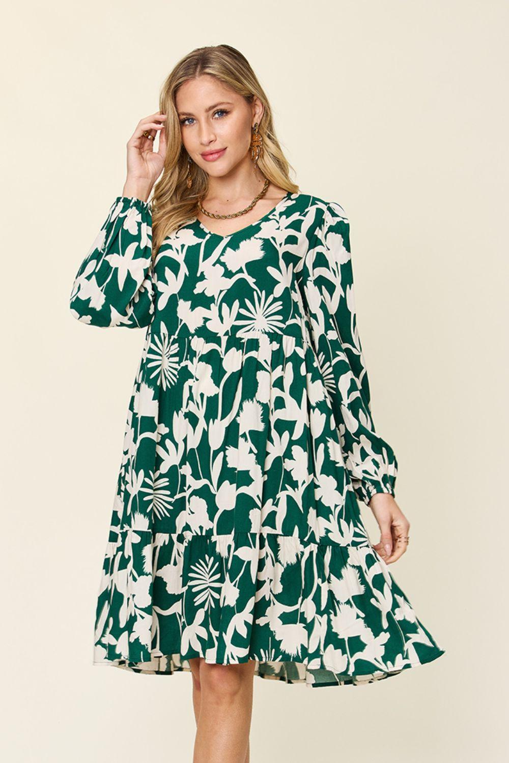 Printed Dress Long Ruffle Sleeve Dress Tiered Mini Dress with Pockets