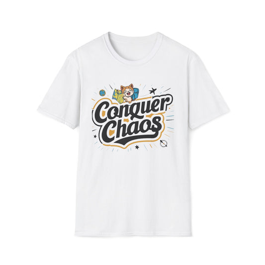 Men's Tee Conquer Chaos Travel Vacations Short Sleeves Casual Regular Fit Cottagecore Funny Cat T-Shirt