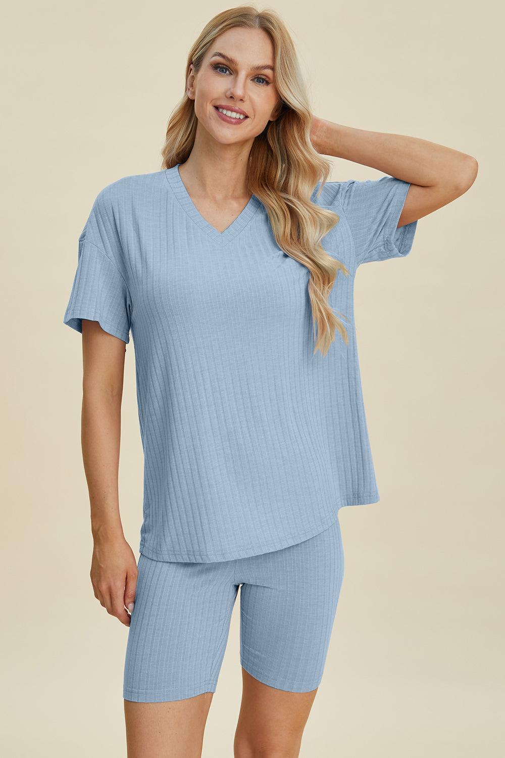 Ribbed V-Neck Short Sleeve Top and Shorts Set