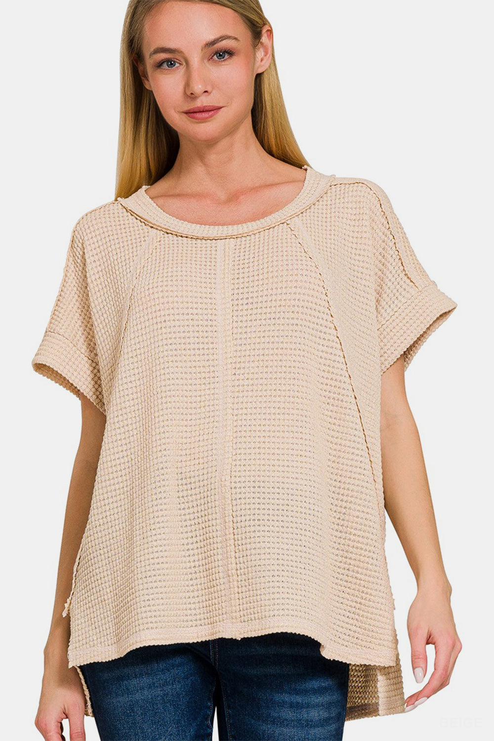 Waffle Exposed-Seam Short Sleeve T-Shirt In Beige