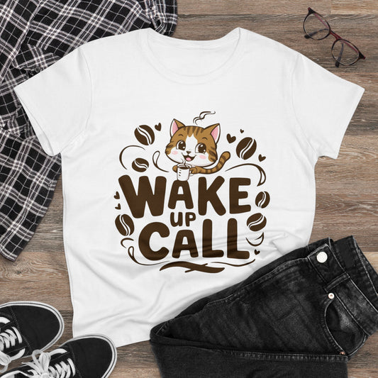 Womens Tees Wake Up Call Coffee Lover Tops Shirts Short Sleeve Regular Fit Cottagecore Funny Cat T-Shirt