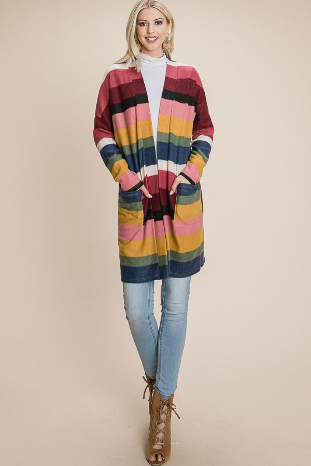 Color Block Striped Open Front Cardigan