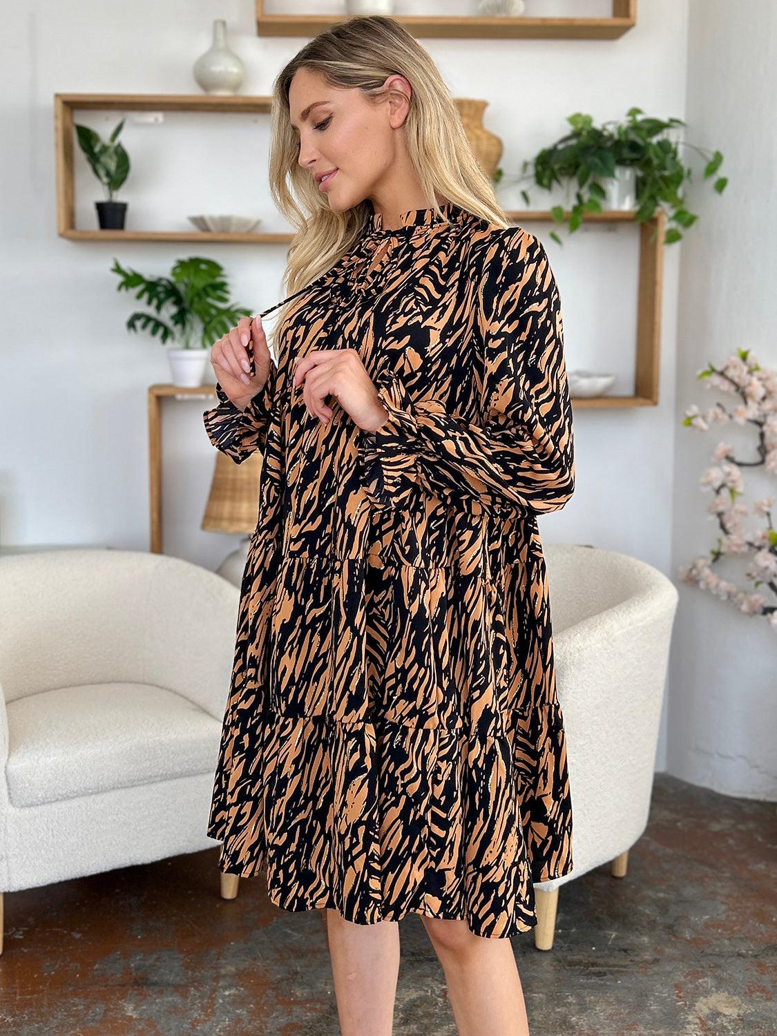 Printed Ruffle Hem Long Sleeve Dress