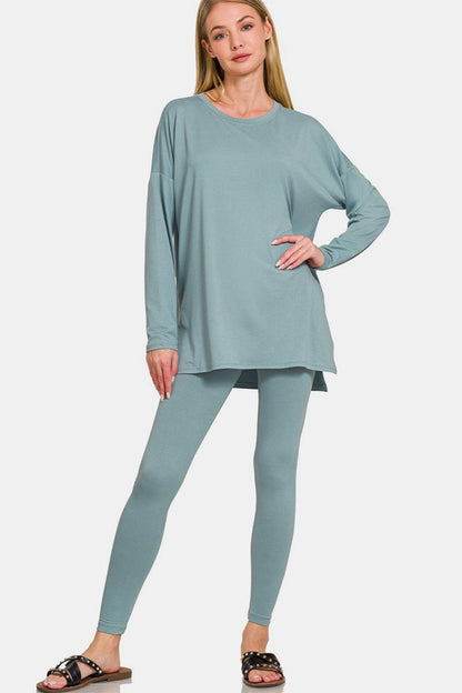 Brushed Microfiber Top and Leggings Set in Blue Grey