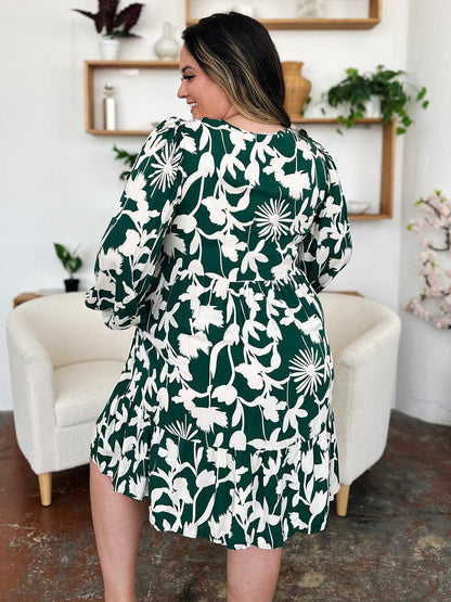 Printed Dress Long Ruffle Sleeve Dress Tiered Mini Dress with Pockets