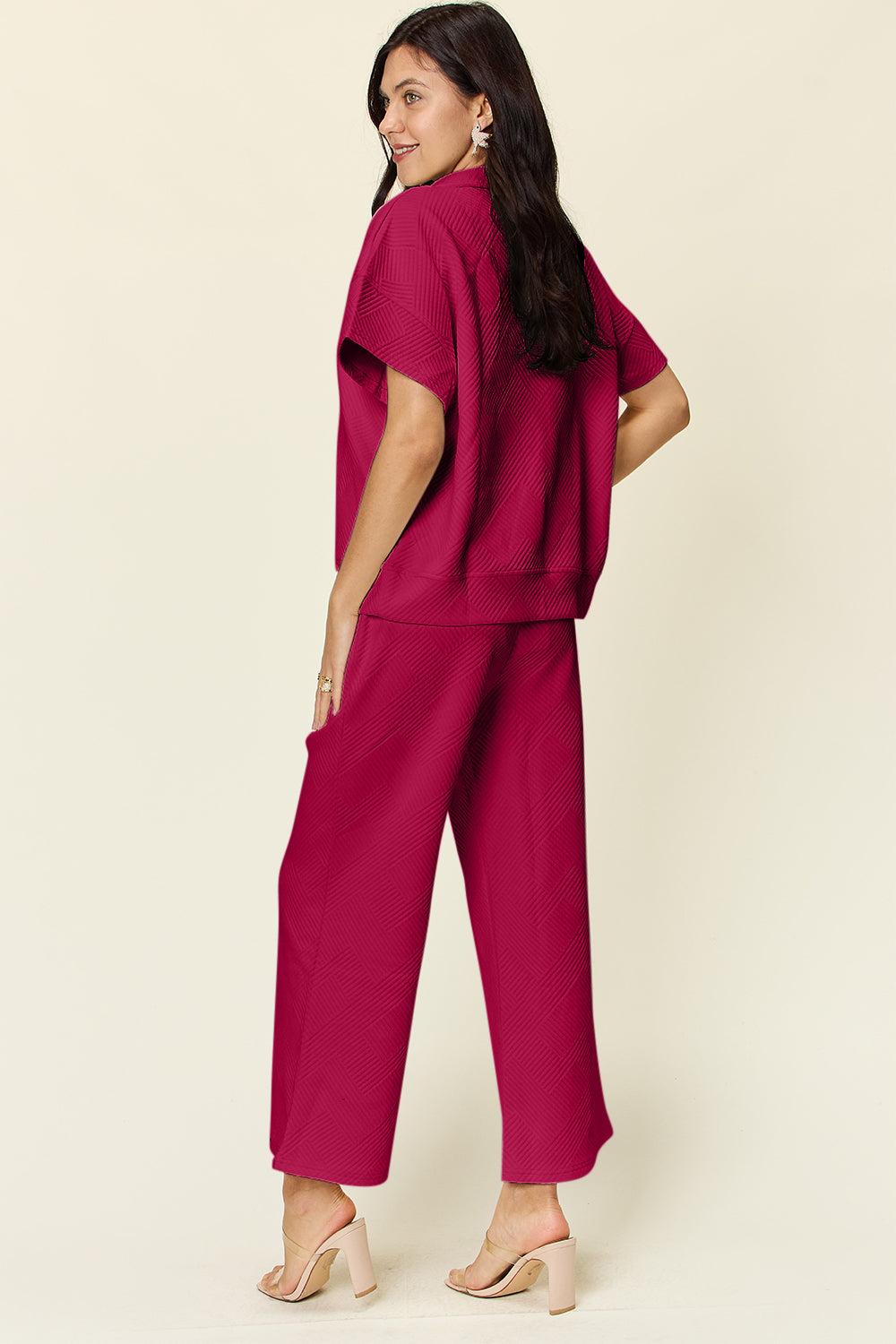 Texture Half Zip Short Sleeve Top and Pants Set