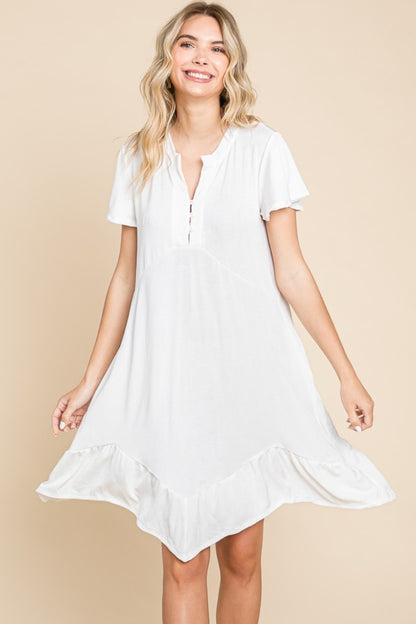 Notch Neck Ruffle Cap Short Sleeve Mini Dress with Pocket