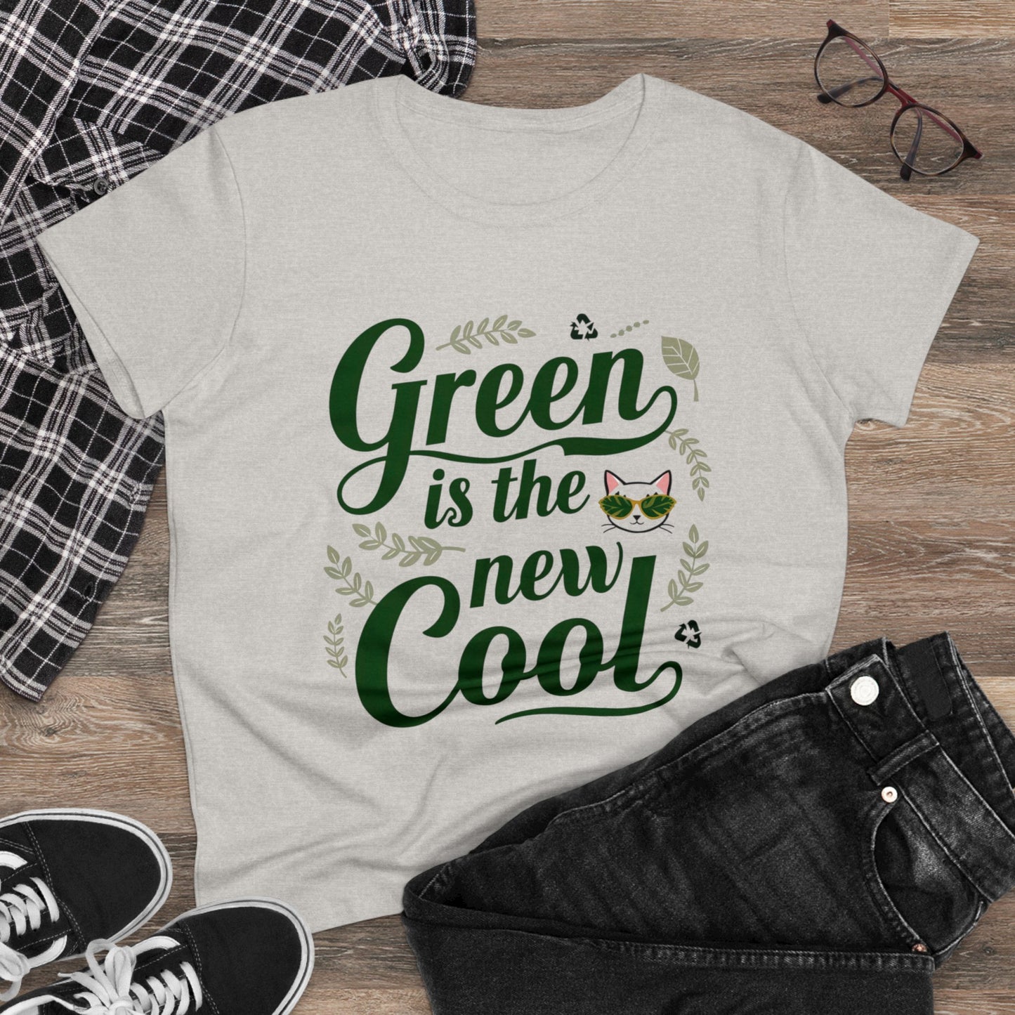 Womens T-Shirt Green Is The New Cool Nature Shirts Tops Short Sleeve Regular Fit Cotton Funny Cat Tees