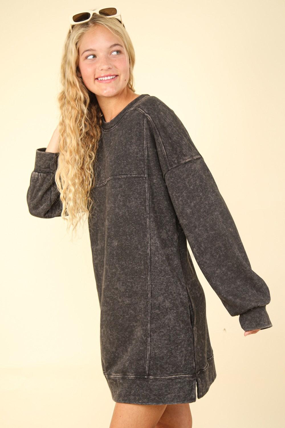 Mineral Washed Oversized Sweatshirt Mini Dress In Black