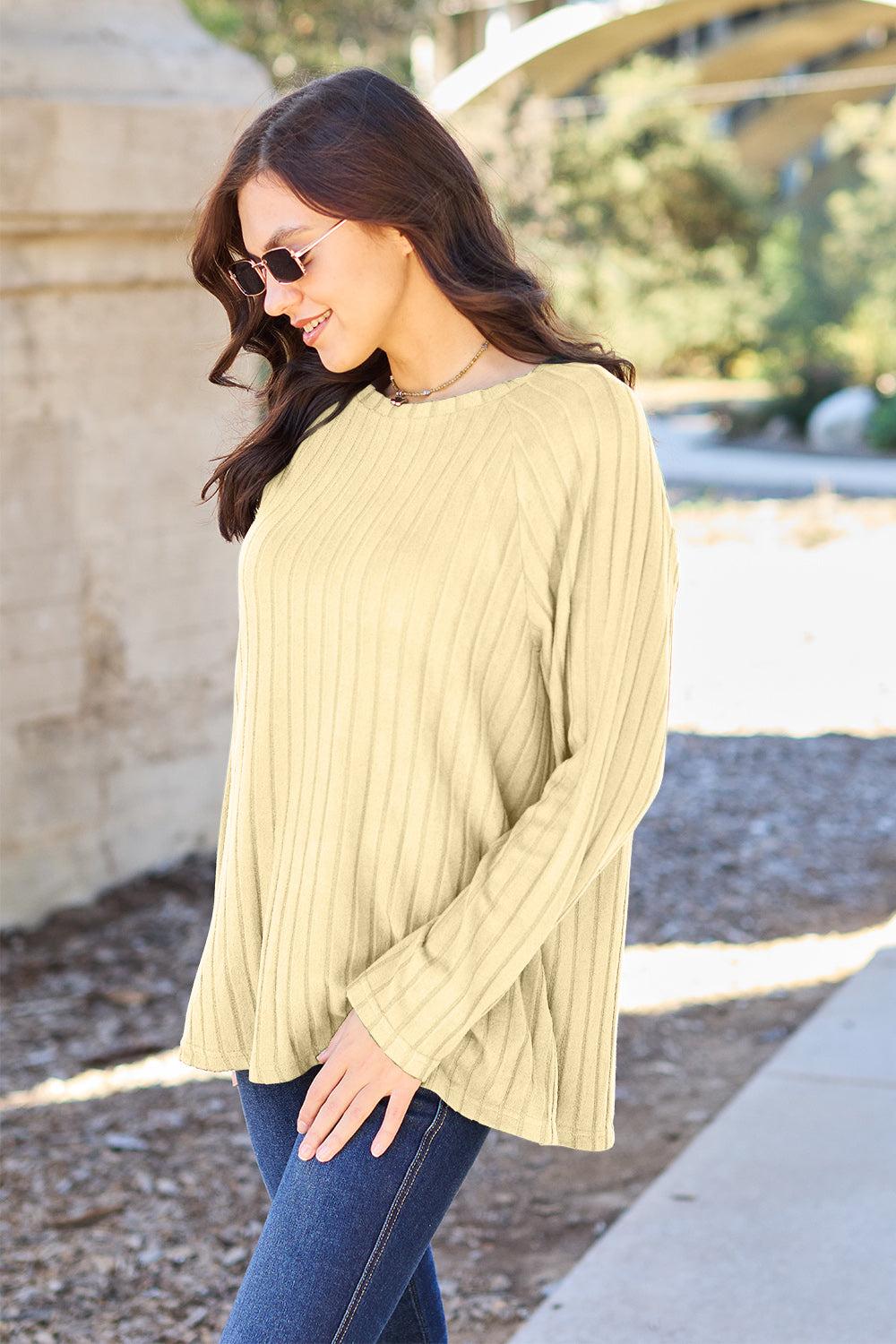 Round Neck Long Sleeve  Ribbed Knit Pullover