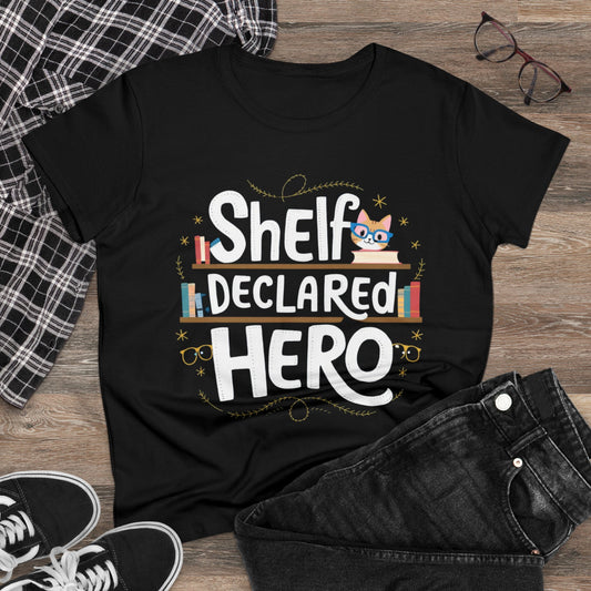 Womens Tee Self Declared Hero Book Lovers Tops Shirts Short Sleeve Regular Fit Cottagecore Funny Cat T-Shirt