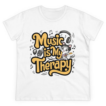 Womens Tees Music Is My Therapy Cat Rock Music Shirts Tops Short Sleeve Regular Fit Cotton Funny Cat Tshirts