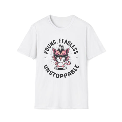 Men's Tee Young Fearless Unstoppable Youth Short Sleeves Casual Regular Fit Cotton Funny Cat  Tee