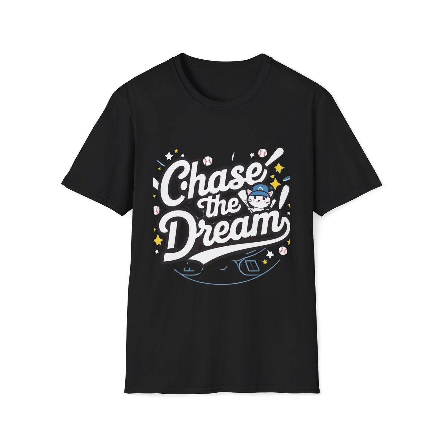 Men's T-Shirt Chase The Dream Baseball Players Short Sleeves Casual Regular Fit Cotton Funny Cat Baseball Tee