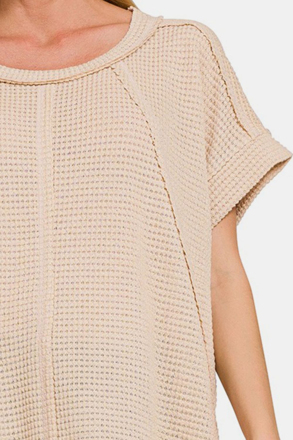 Waffle Exposed-Seam Short Sleeve T-Shirt In Beige