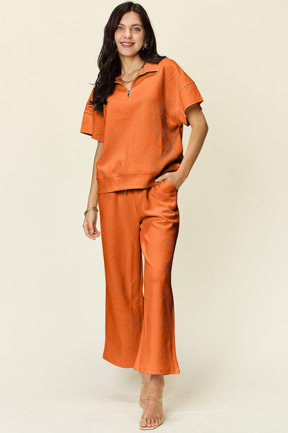 Texture Half Zip Short Sleeve Top and Pants Set