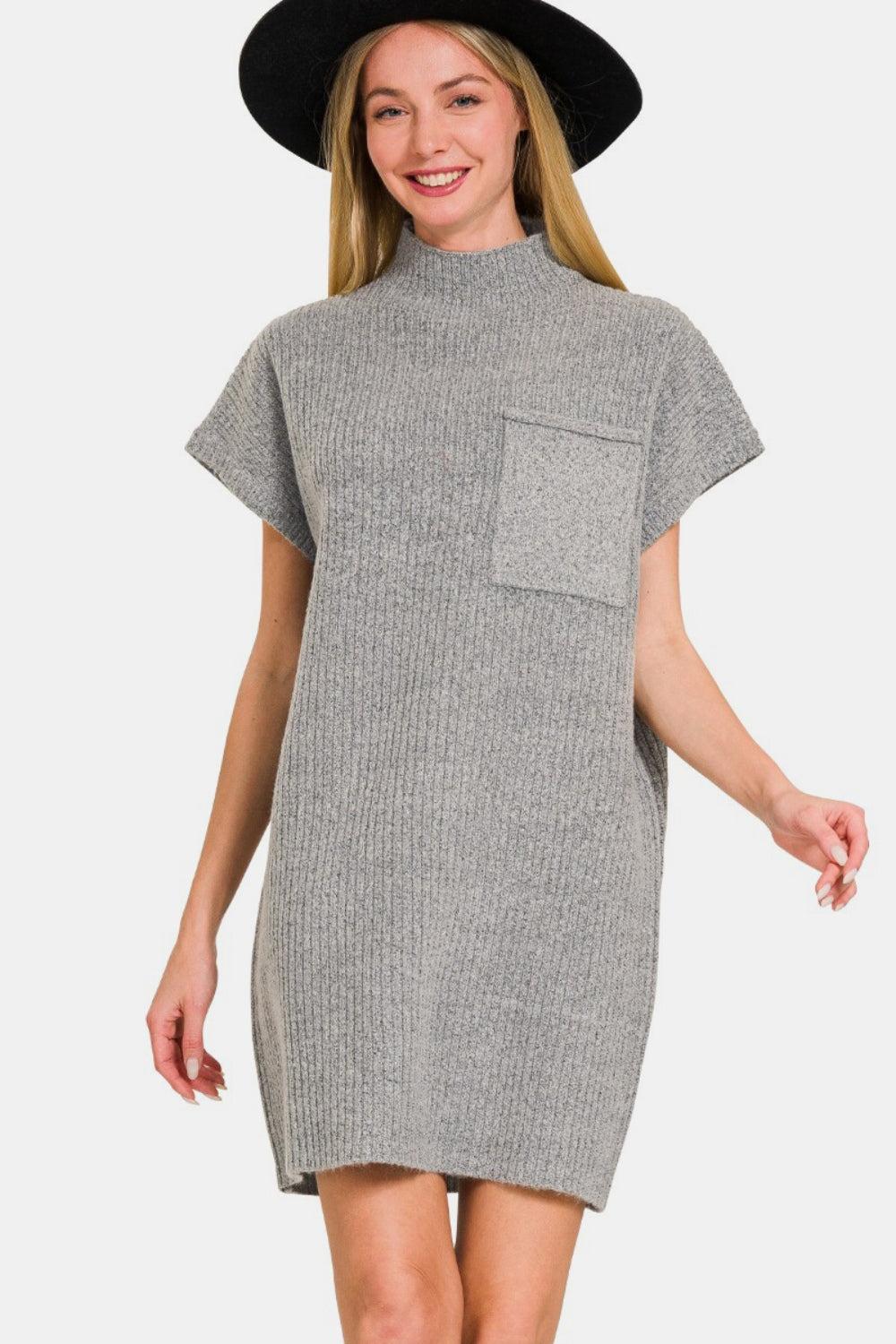 Short Sleeve Sweater Mini Dress In Grey