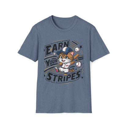 Men's tee Earn Your Stripe Baseball Player Short Sleeves Casual Regular Fit Cotton Funny Cat Baseball Tee