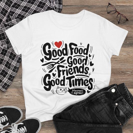 Womens Tshirt Good Food Good Friend Good Time Short Sleeve Regular Fit Cottagecore Funny Cat Graphic Tee