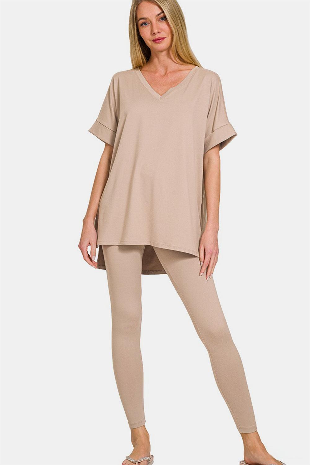 V-neck rolled short sleeve t-shirt and leggings lounge set In Lt Mocha