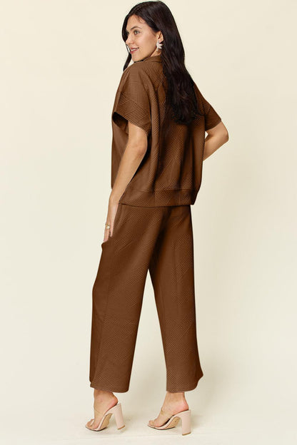 Texture Half Zip Short Sleeve Top and Pants Set