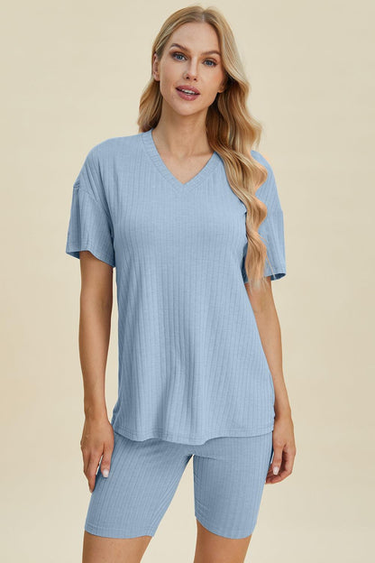 Ribbed V-Neck Short Sleeve Top and Shorts Set