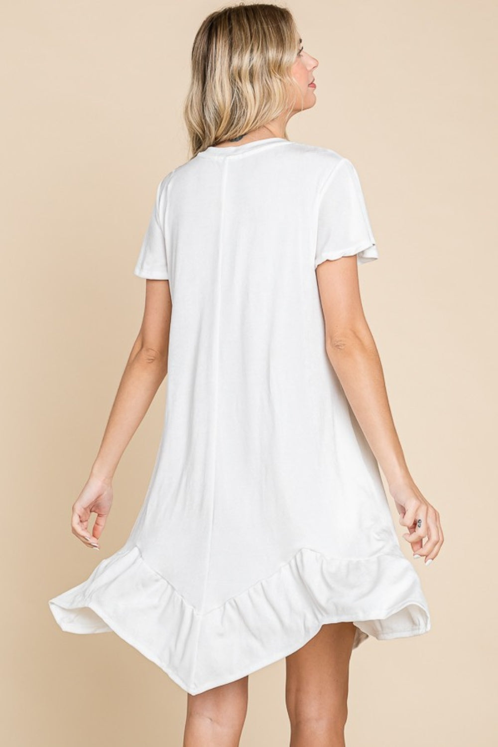 Notch Neck Ruffle Cap Short Sleeve Mini Dress with Pocket