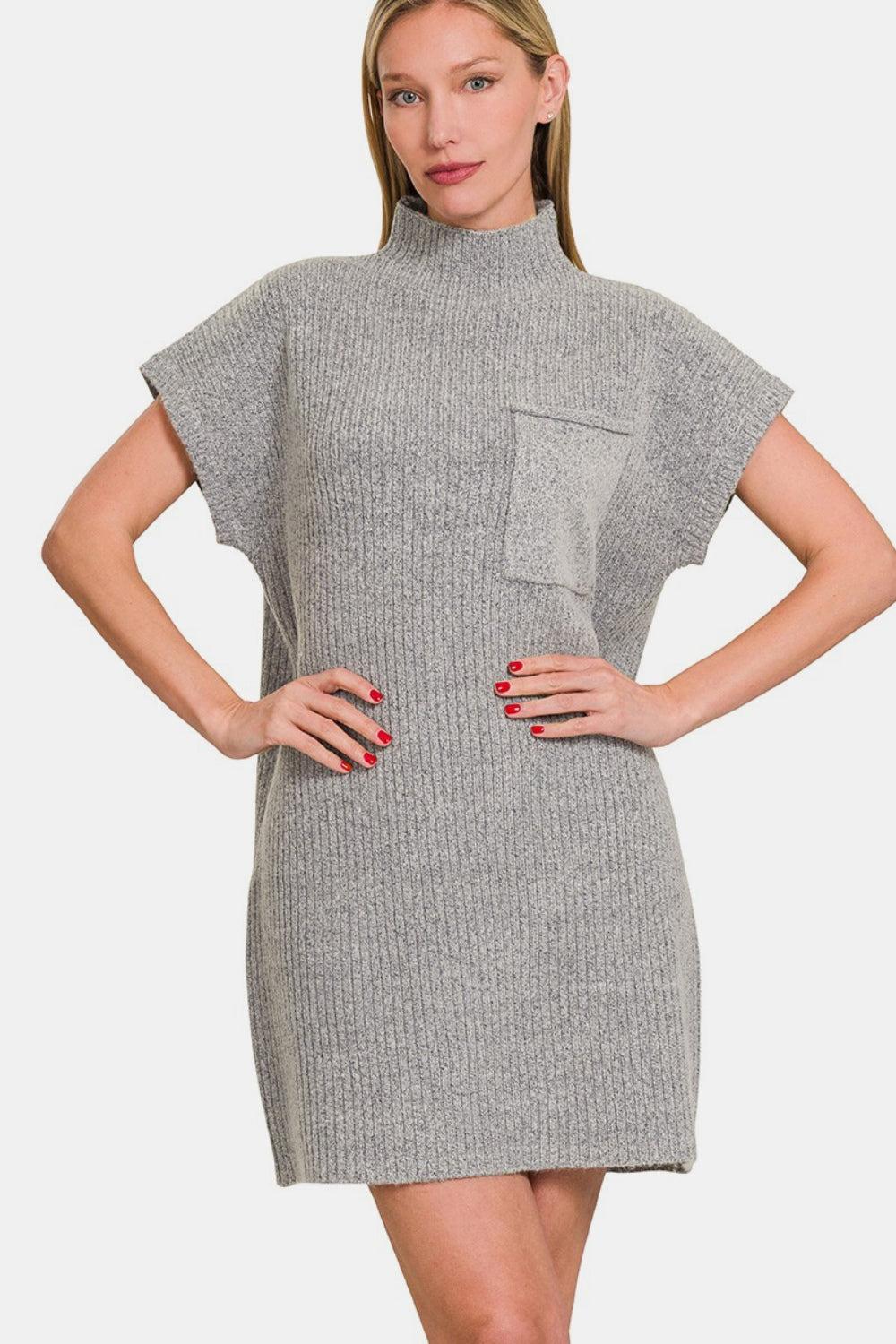 Short Sleeve Sweater Mini Dress In Grey