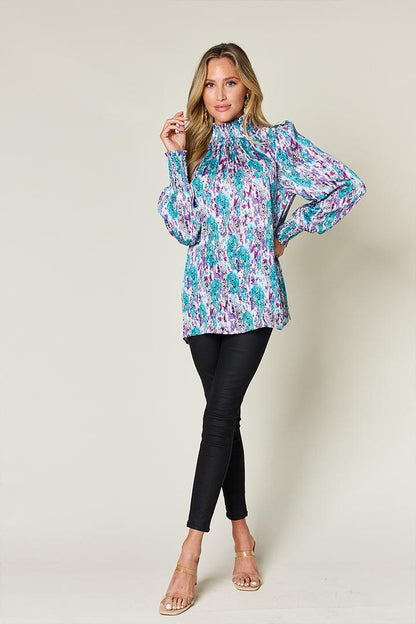 Printed Smocked Long Sleeve Blouse