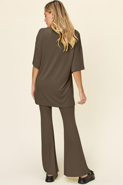 Round Neck Drop Shoulder T-Shirt and Flare Pants Set