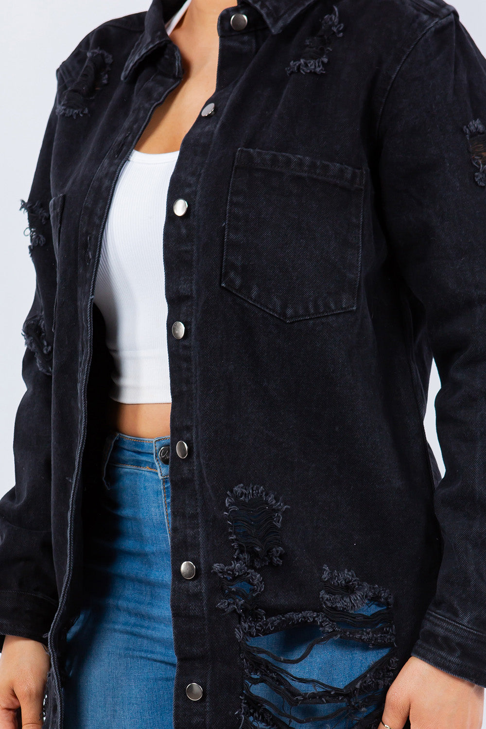 Distressed Button Up Long Sleeve Denim Jackets