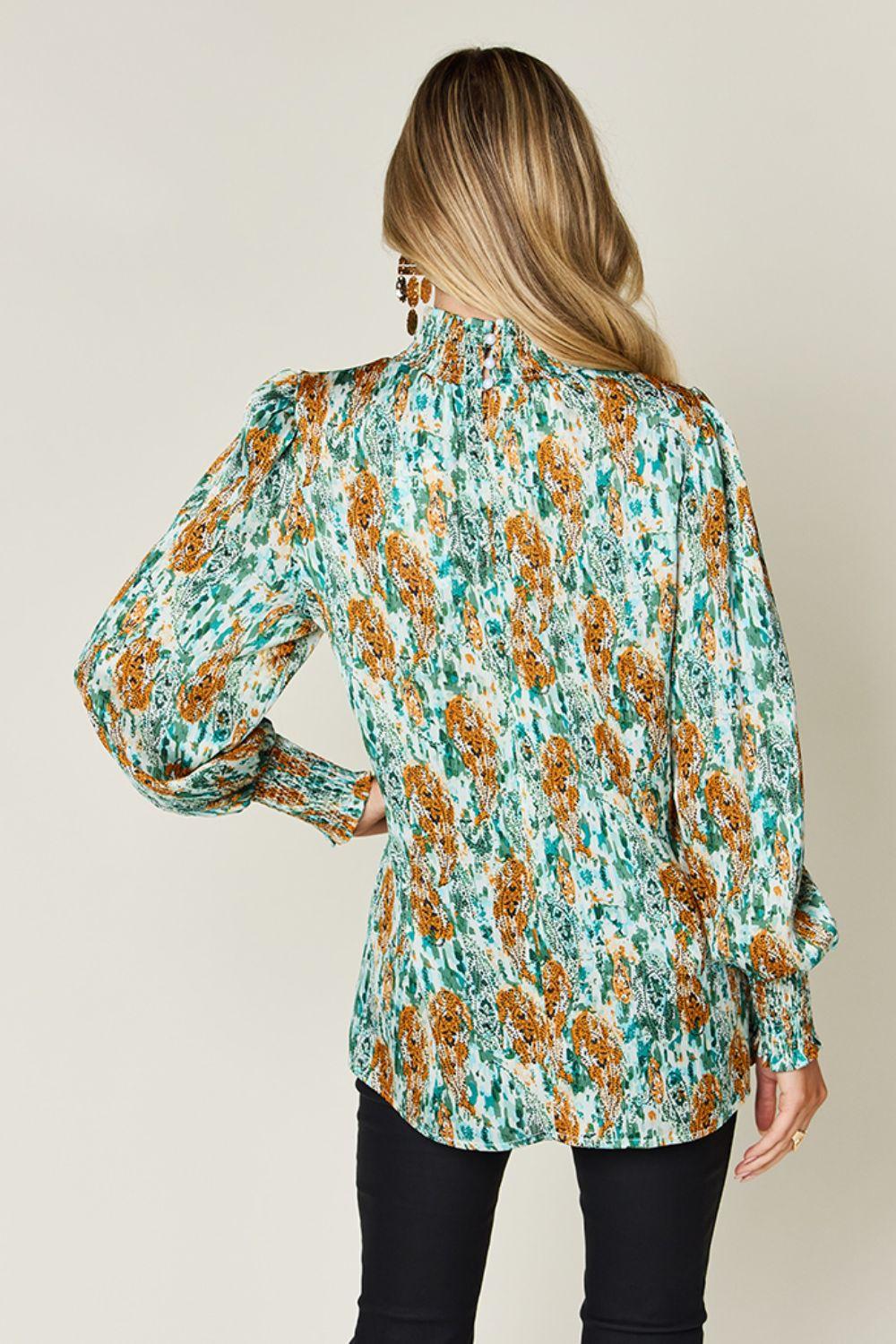 Printed Smocked Long Sleeve Blouse