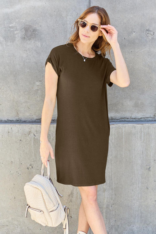 Short T Shirt Dress Cap Sleeve Round Neck Dresses with Pocket