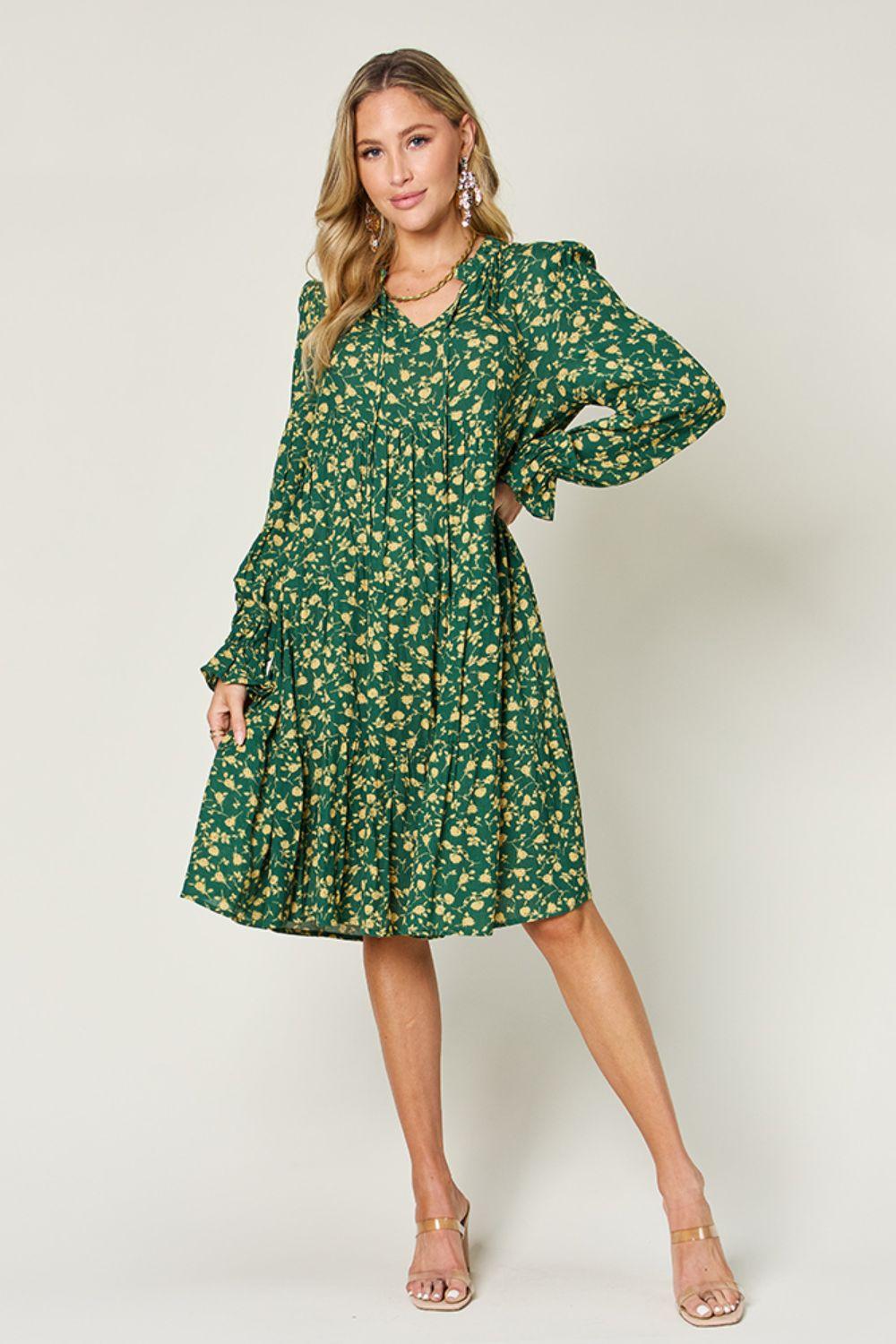 Printed Ruffle Hem Long Sleeve Tiered Dress