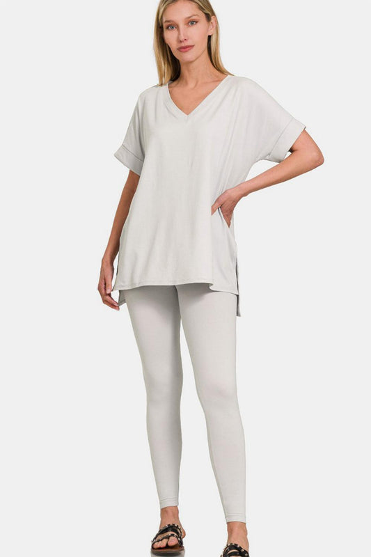 Rolled short sleeve t-shirt and leggings lounge set In Lt Cement