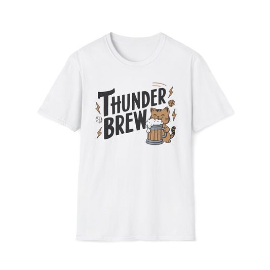 Men's Tee Thunder Brew Cute Cat Drinking Short Sleeve Casual Regular Fit Cottagecore Funny Cat T-Shirt